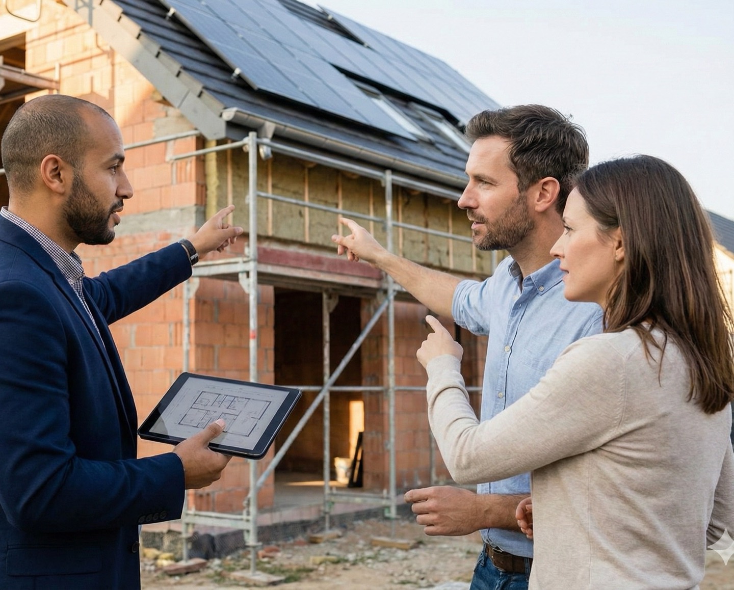 Responsable PEB échangeant avec des clients devant leur projet de construction